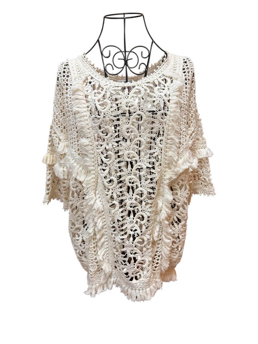 Anthropologie Baraschi Cream 100 Cotton Crochet Lace Boho Fringe Openwork Top